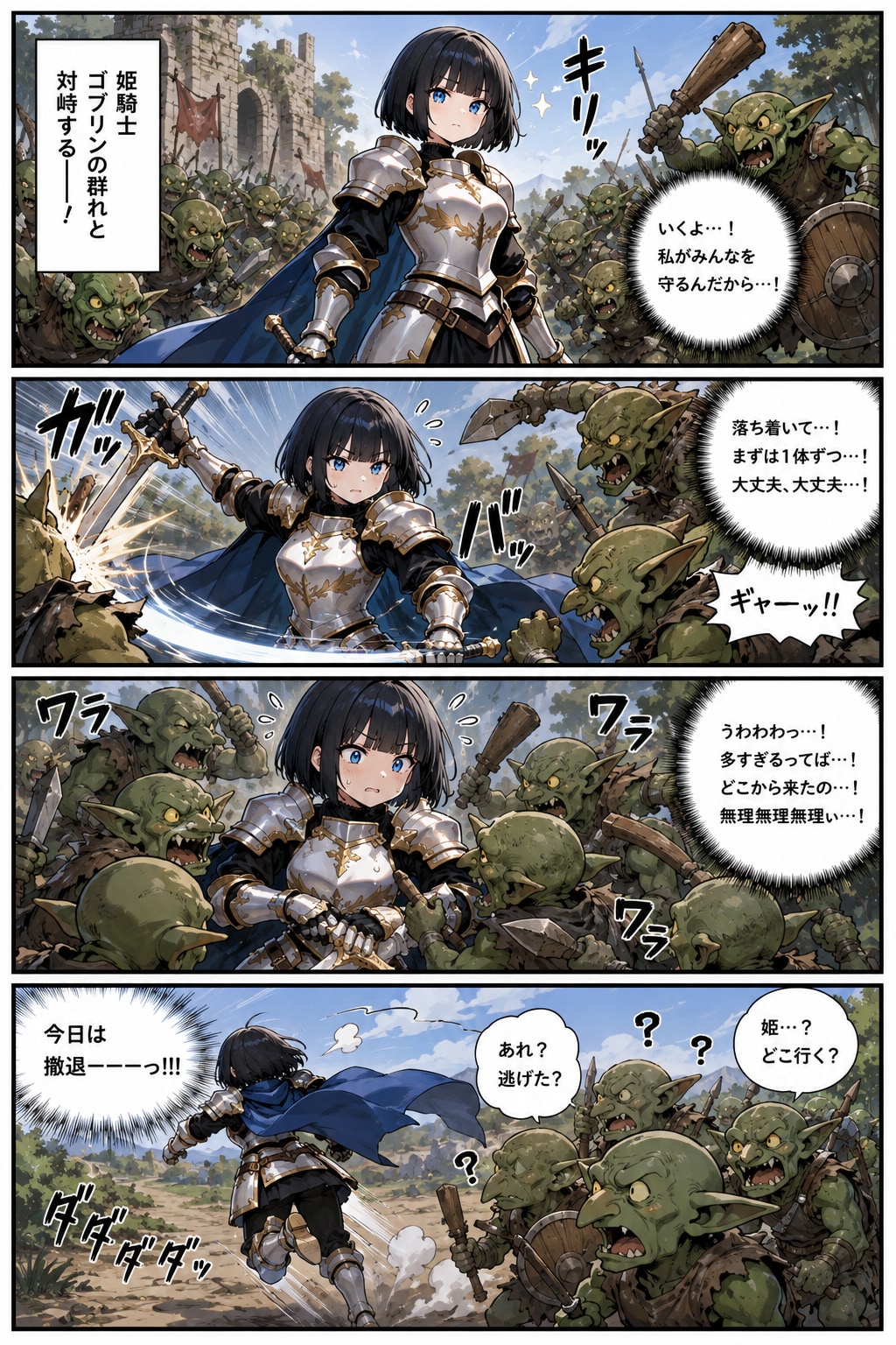 ゴブリン集団と戦う姫騎士の黒髪栞