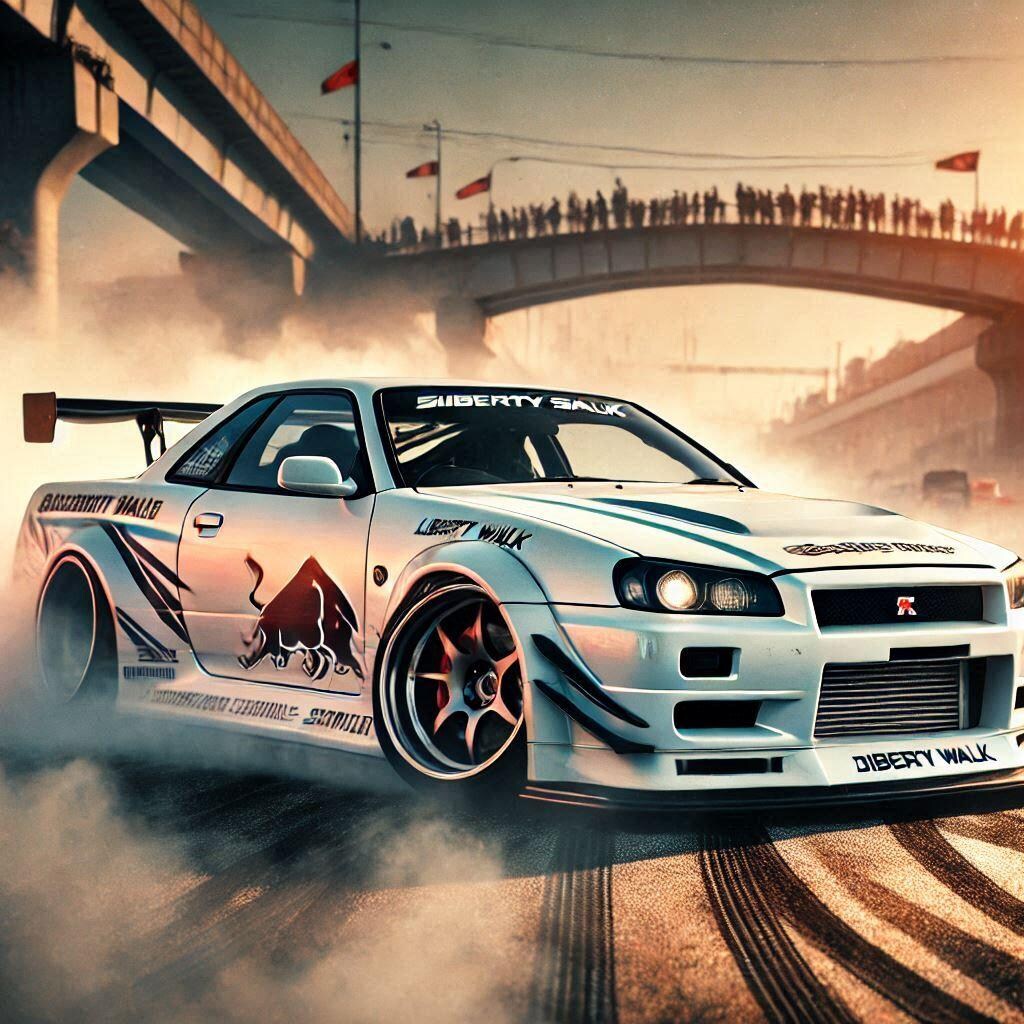 ホワイトカラーリバティーウォーク日産スカイラインGT-Rのドリ車