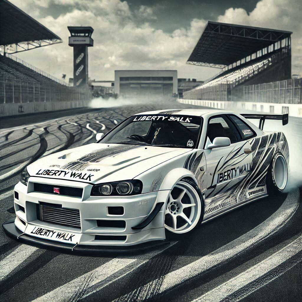 ホワイトカラーリバティーウォーク日産スカイラインGT-Rのドリ車