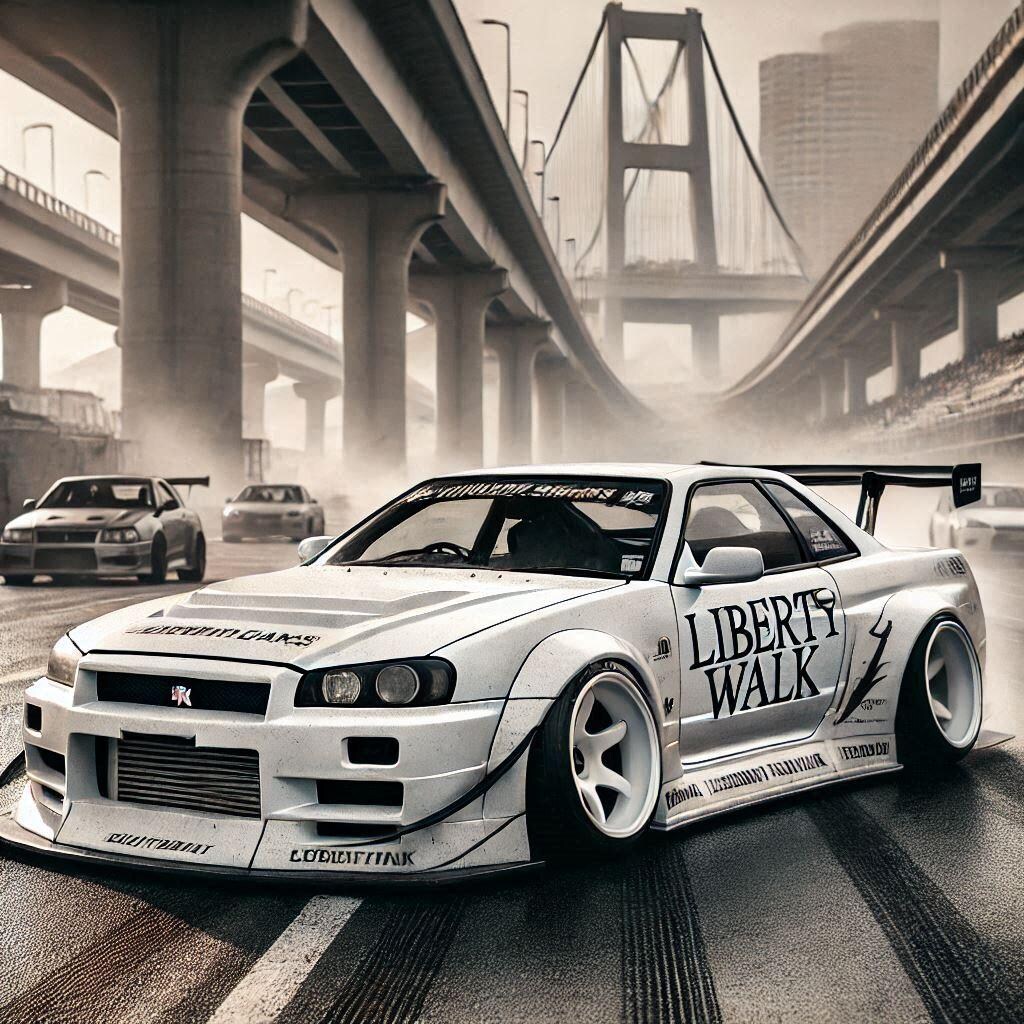 ホワイトカラーリバティーウォーク日産スカイラインGT-Rのドリ車