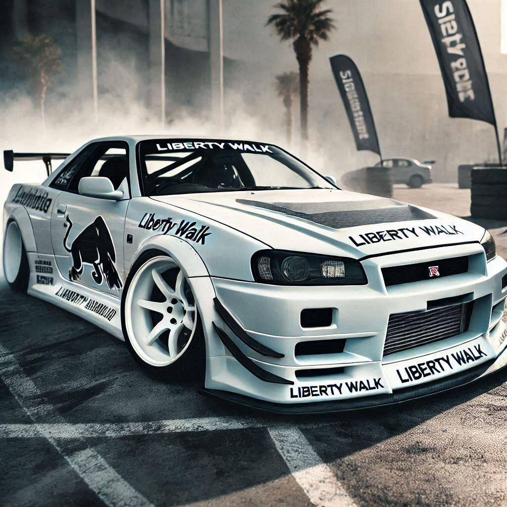 ホワイトカラーリバティーウォーク日産スカイラインGT-Rのドリ車
