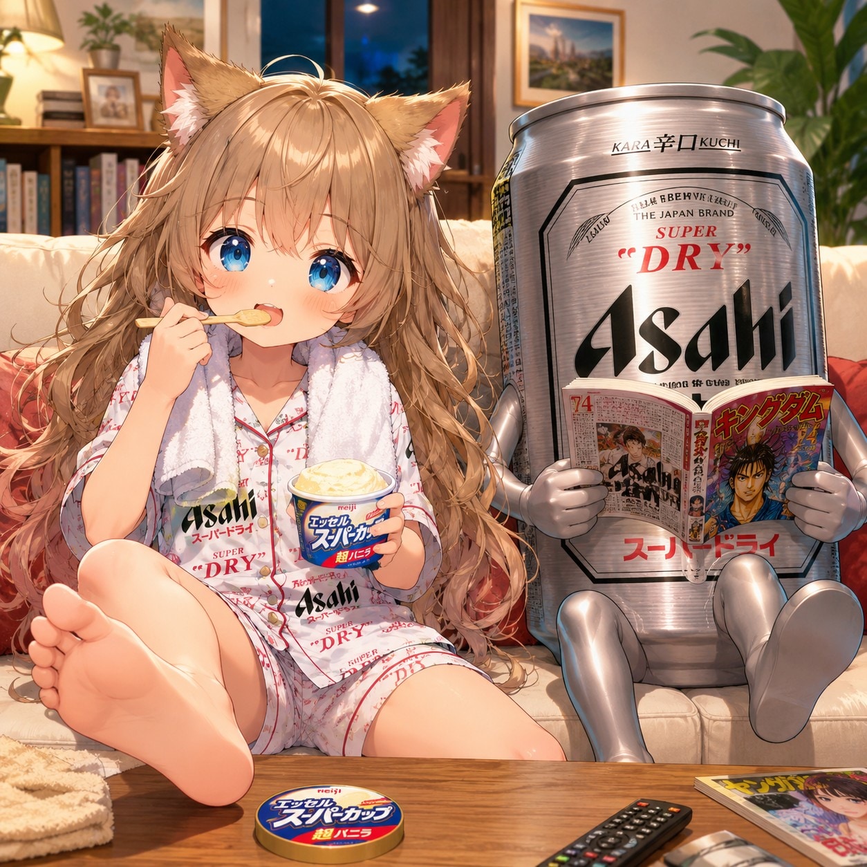 お風呂上がりにアイスを食べる小さな女の子