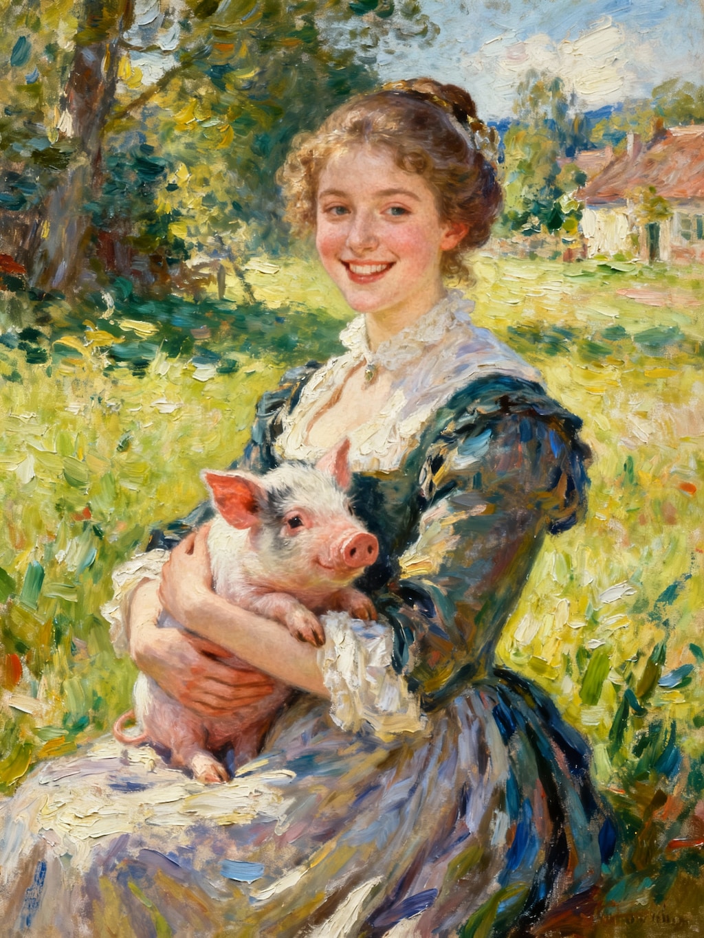 子豚を抱っこする女性