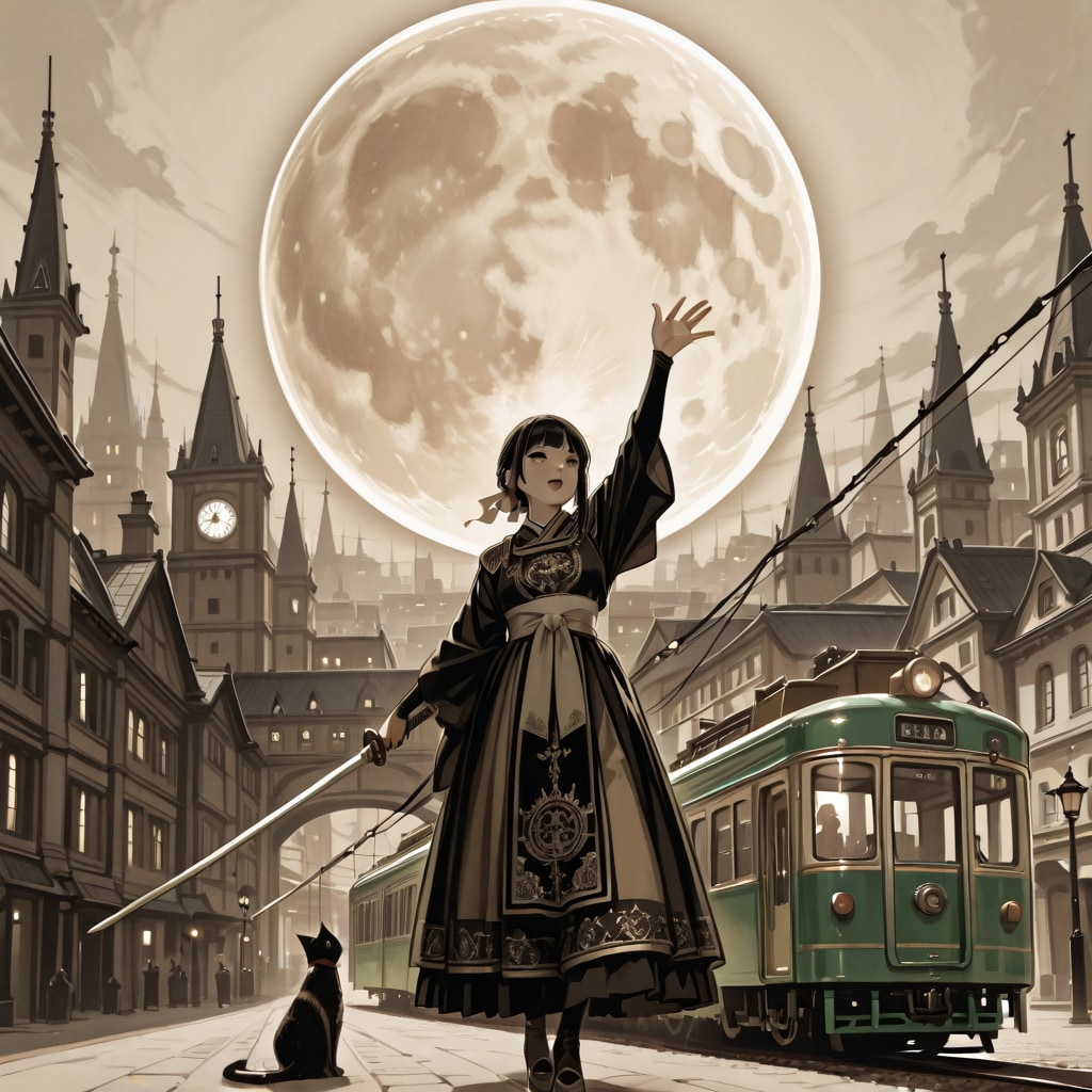 装備があまり大正浪漫じゃないけど大正浪漫なイメージの満月を見て深夜テンションになる少女 | の人気AIイラスト・グラビア