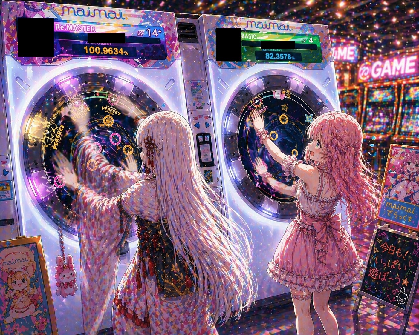 音ゲーをするカスミとピンクちゃん(仮称)