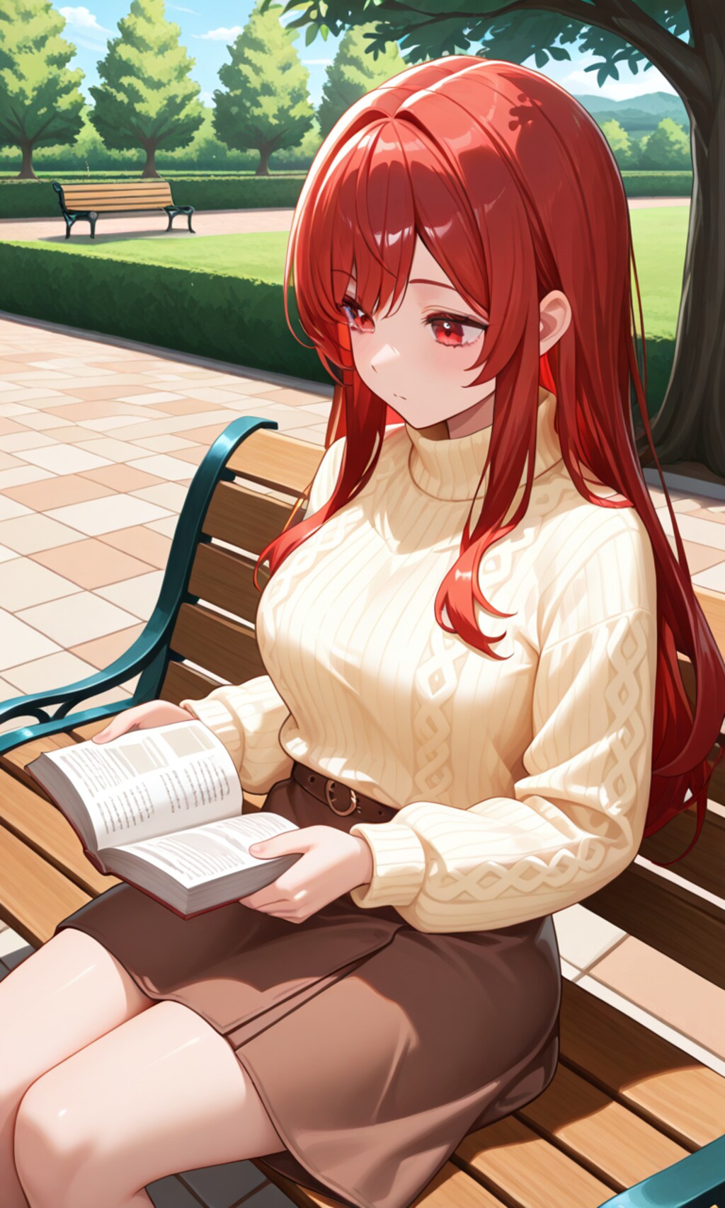 公園のベンチで読書するラピ