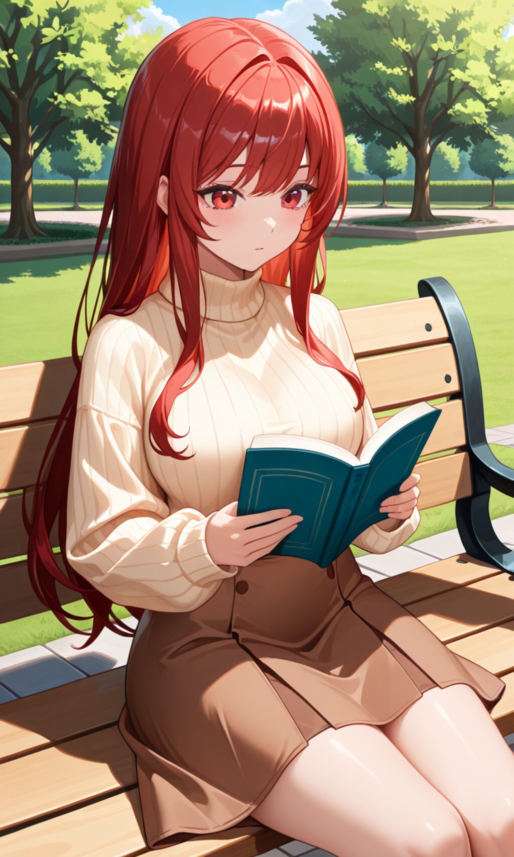 公園のベンチで読書するラピ