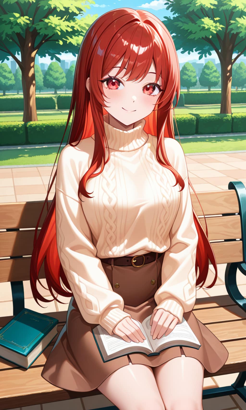 公園のベンチで読書するラピ