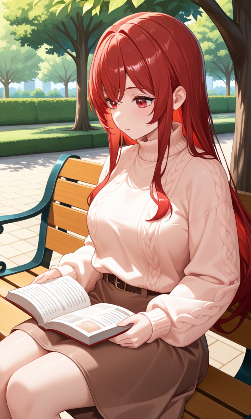 公園のベンチで読書するラピ