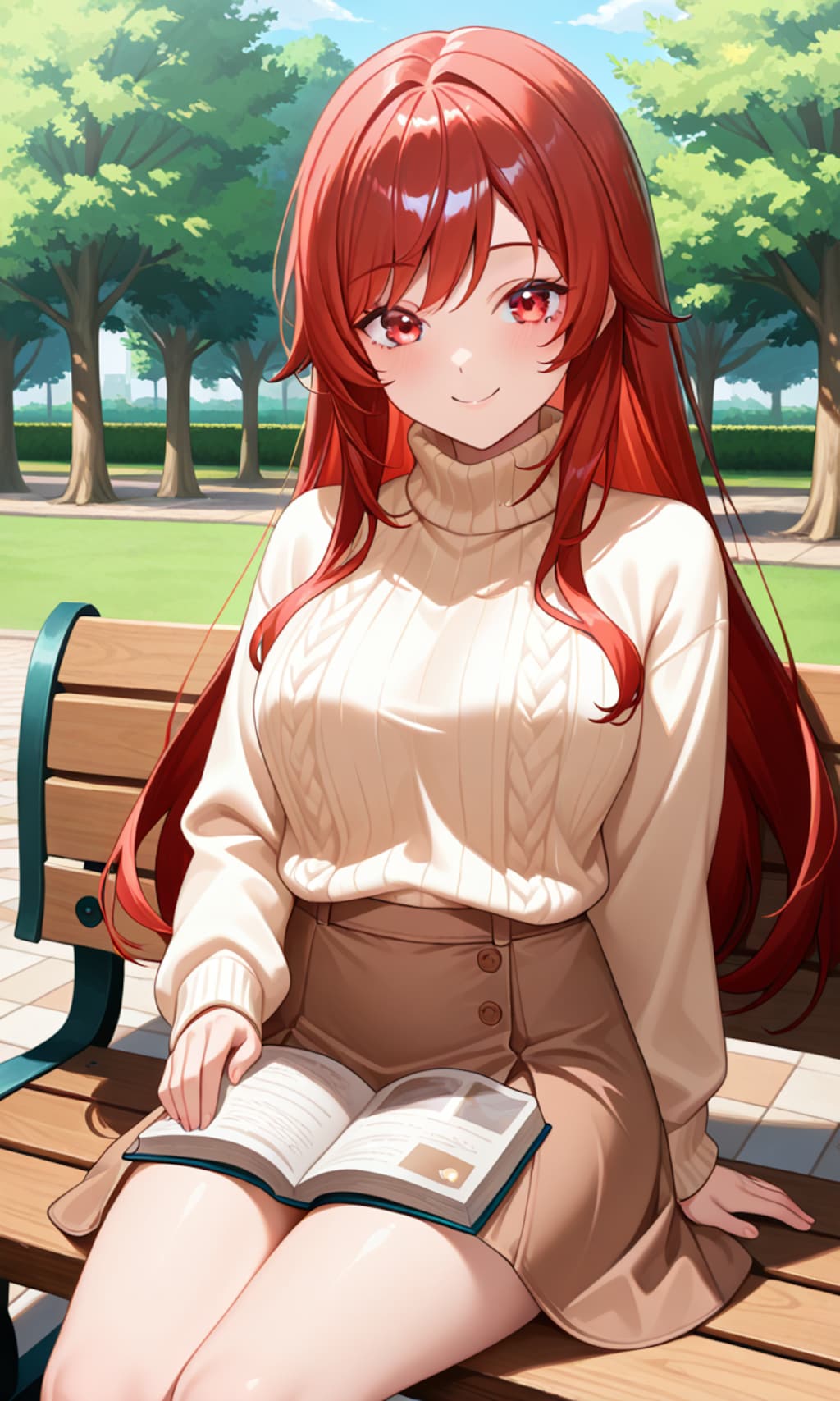 公園のベンチで読書するラピ
