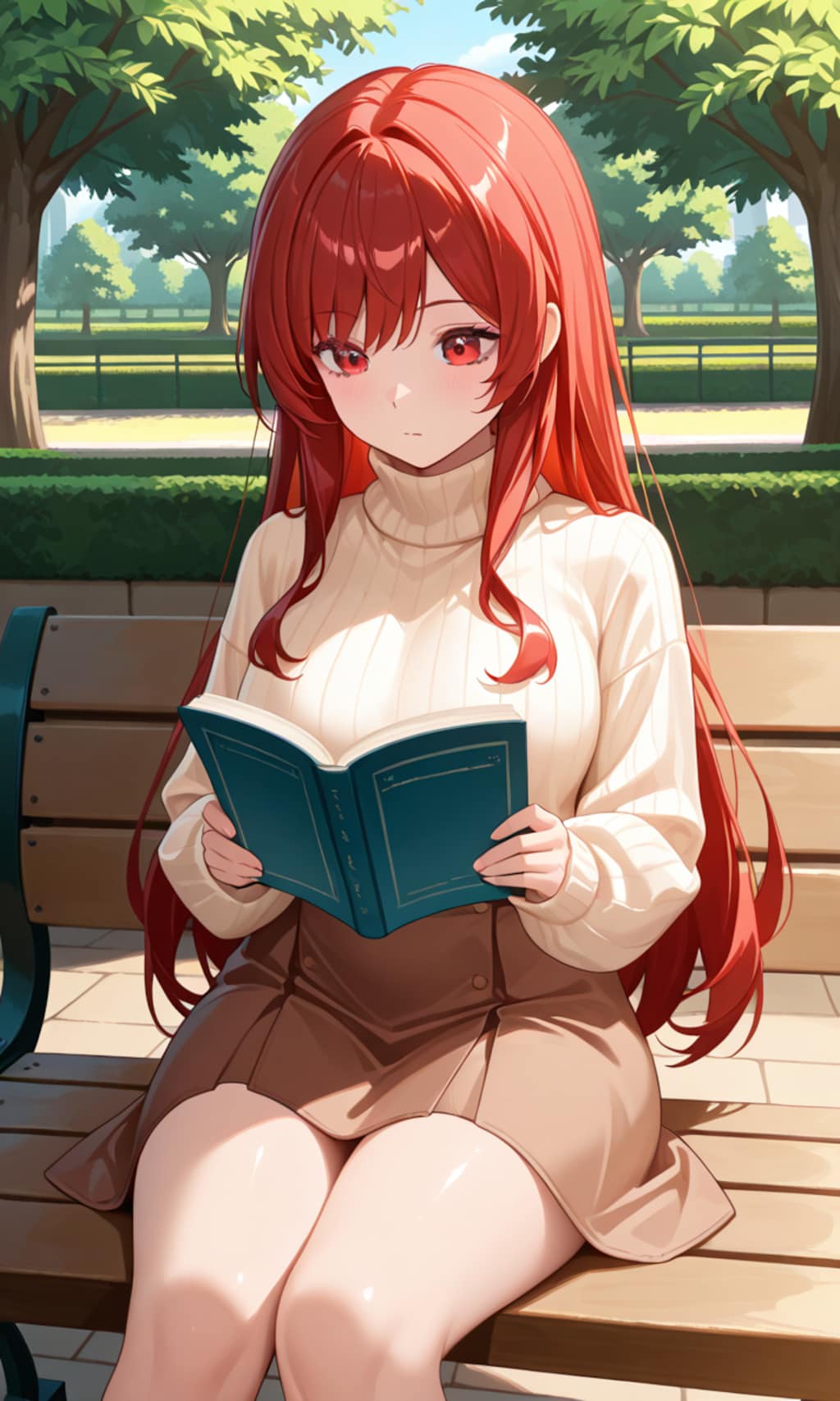 公園のベンチで読書するラピ