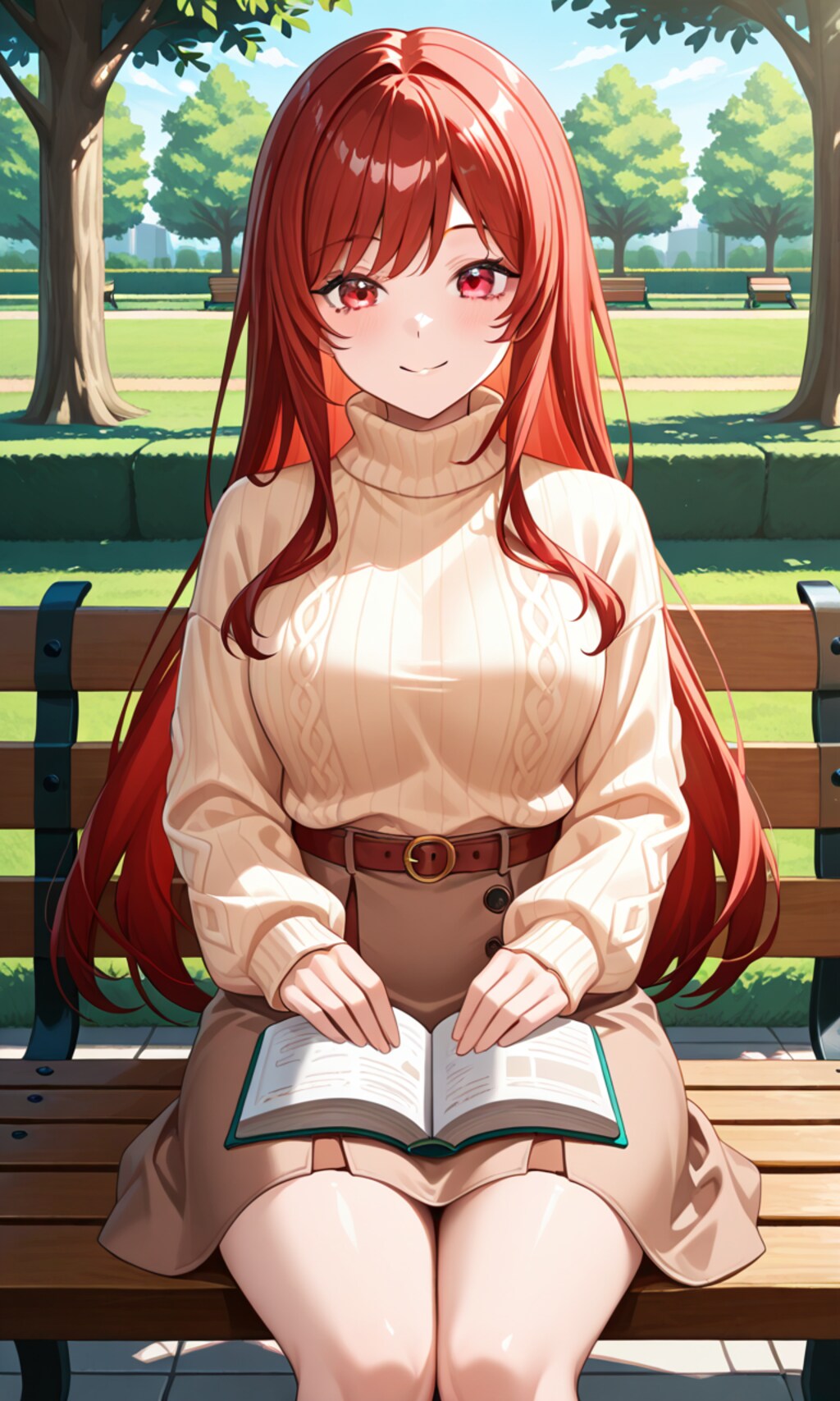 公園のベンチで読書するラピ