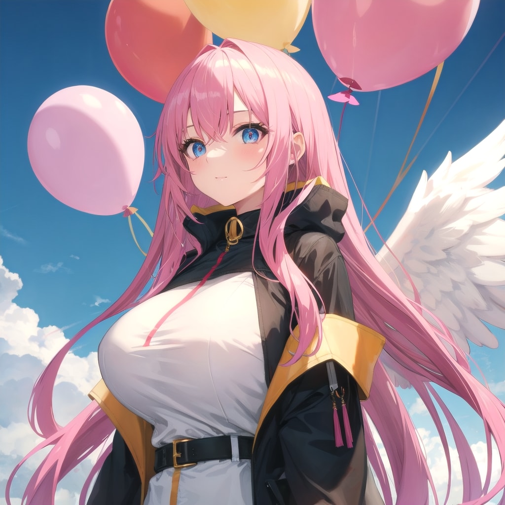 いっぱい色とりどりの風船を持つピンク髪ロングの天使の羽付けた美女