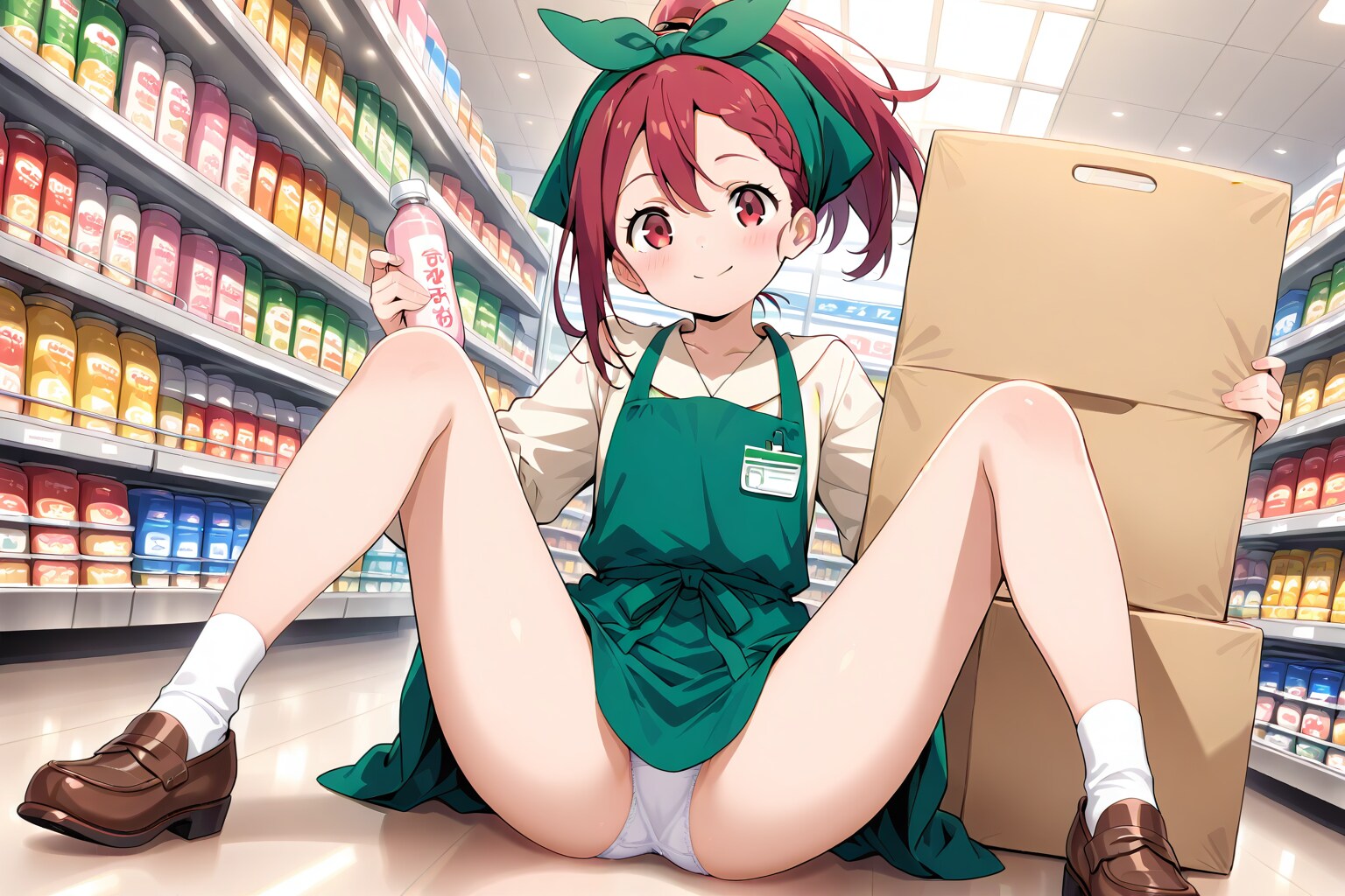 床に座り込むスーパーちちぷいのバイトの娘