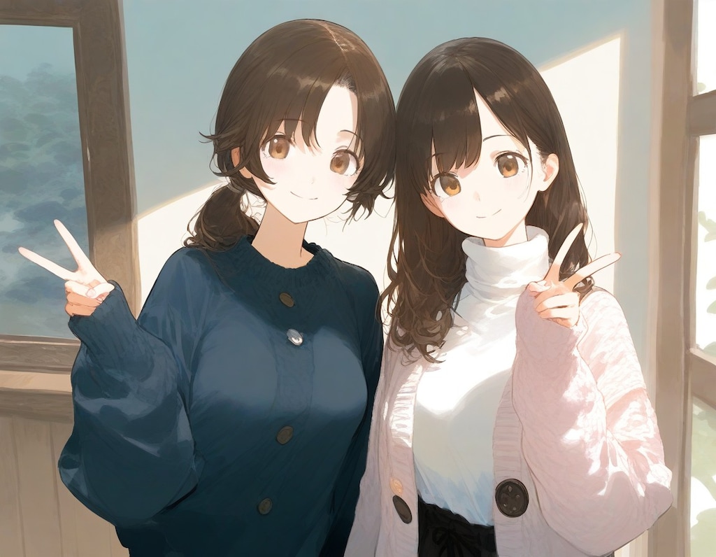 ピースする二人