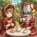 お茶会を楽しむビール缶と小さな女の子 2枚目