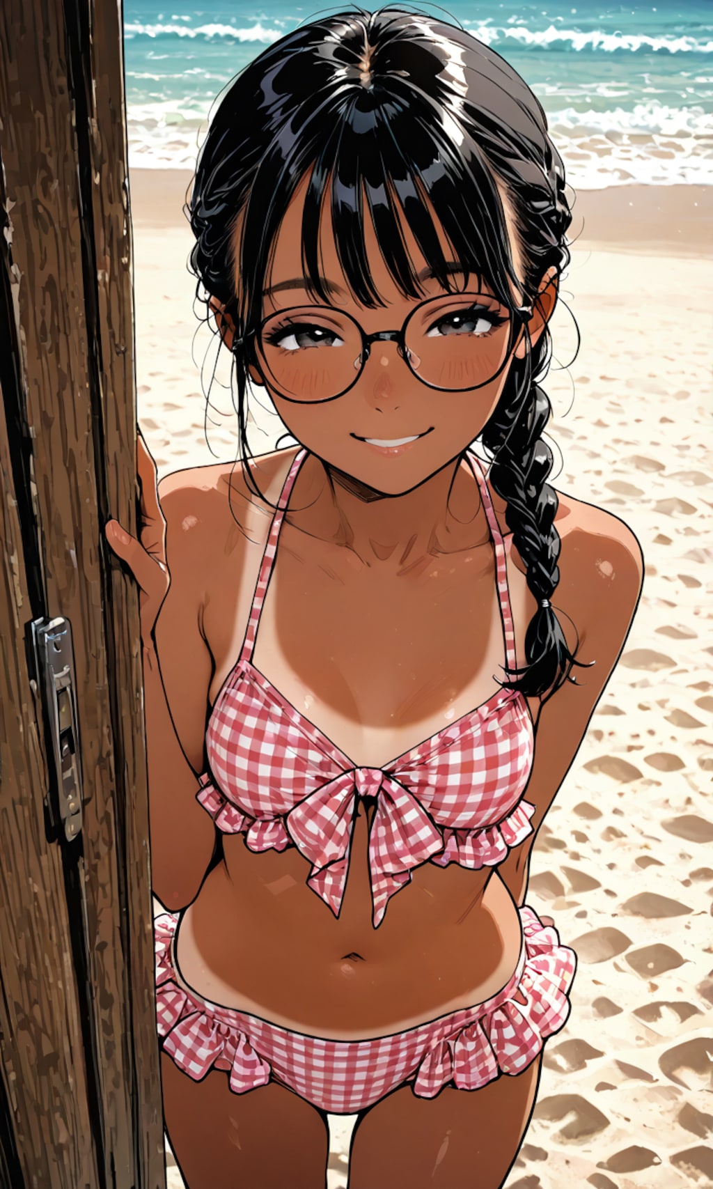 ビーチで微笑む三つ編み眼鏡ちゃん