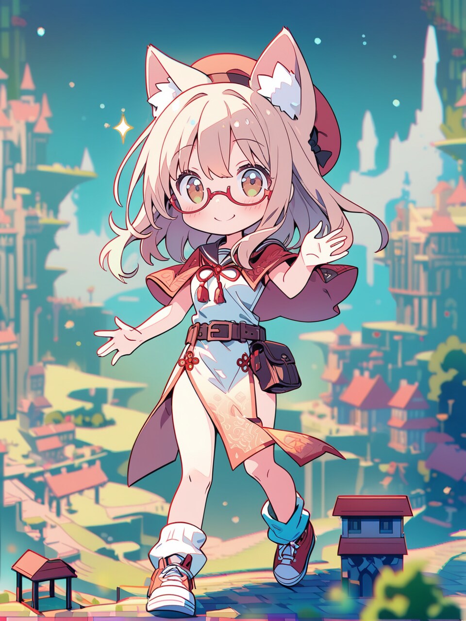 ネコミミベレーセーラーケープチャイナルーズソックススニーカーミニチュアチビ眼鏡 | の人気AIイラスト・グラビア