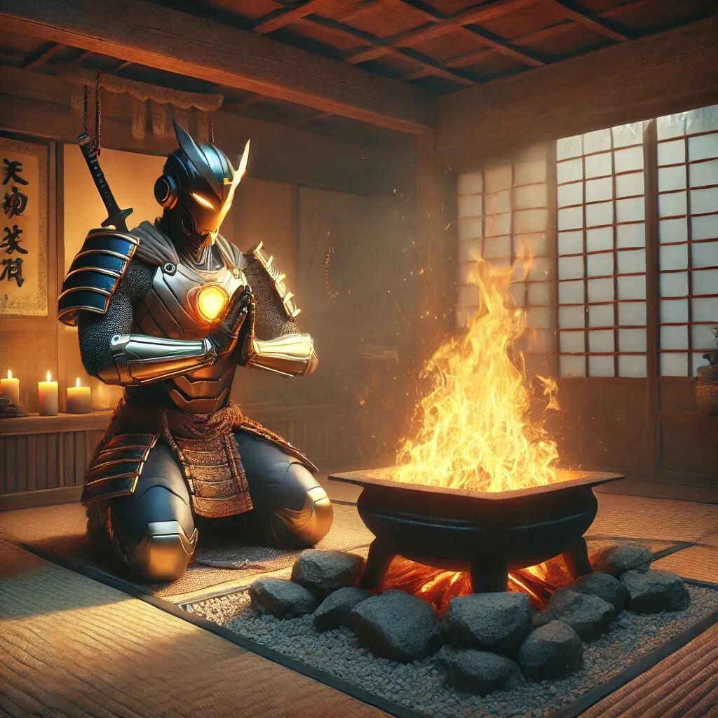 囲炉裏で念仏を唱えているヒーロー