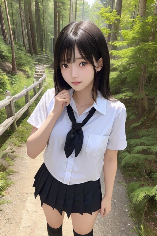 森で黒髪ショート女子校生