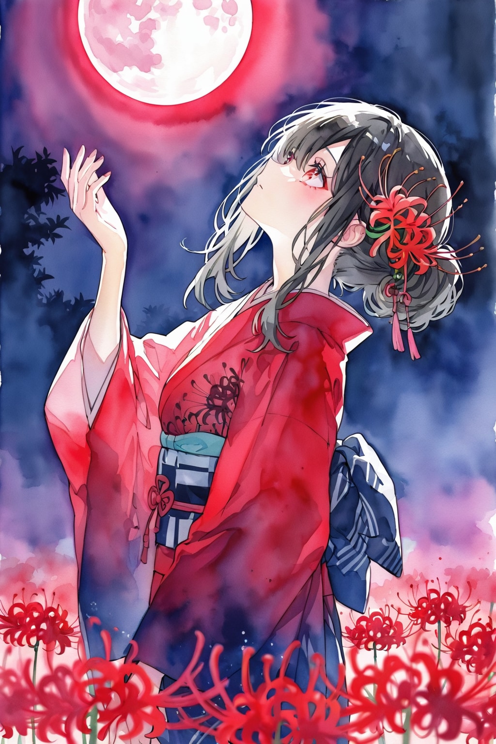 月下に輝く彼岸花