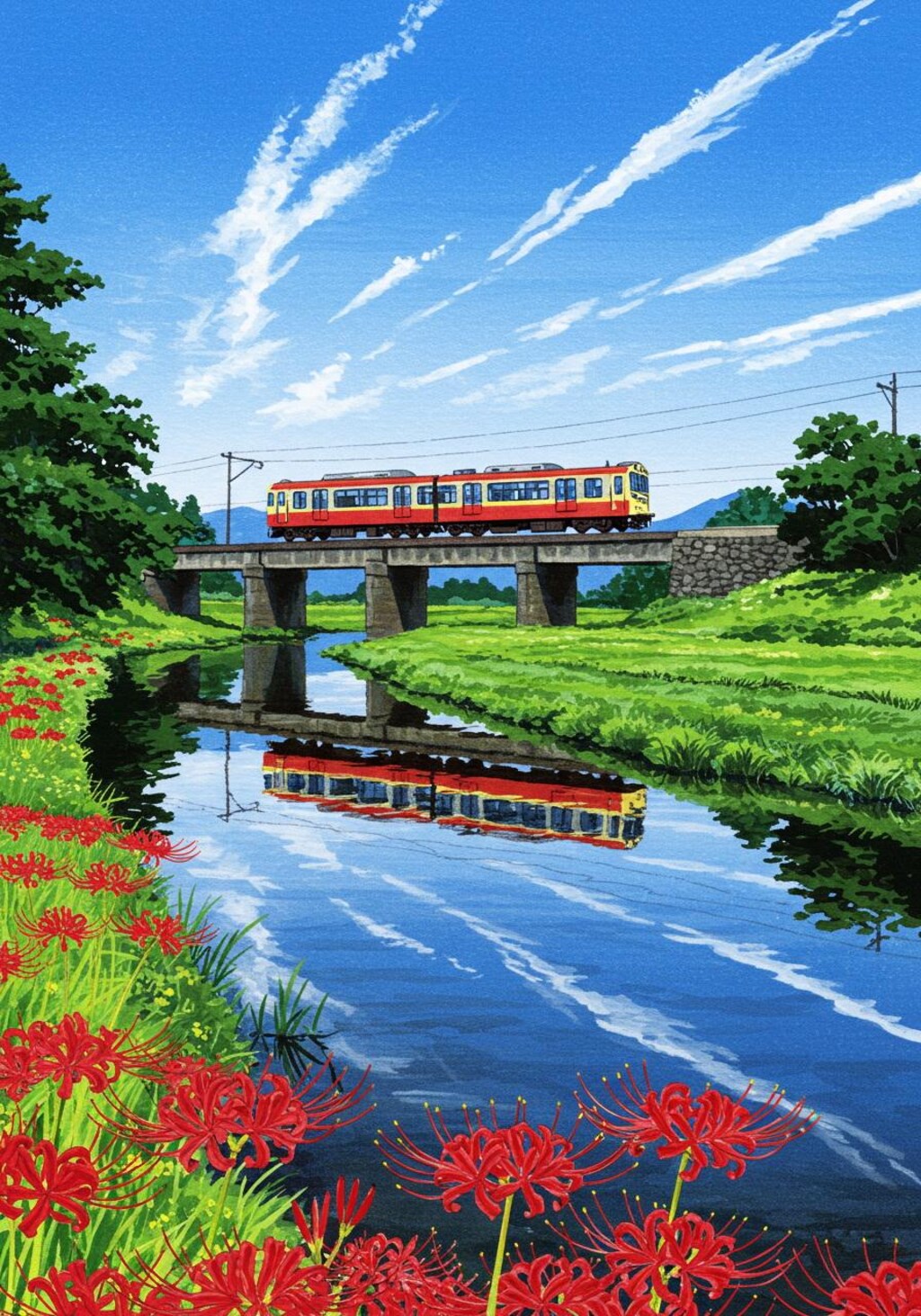 彼岸花のある風景２･川と列車と秋空