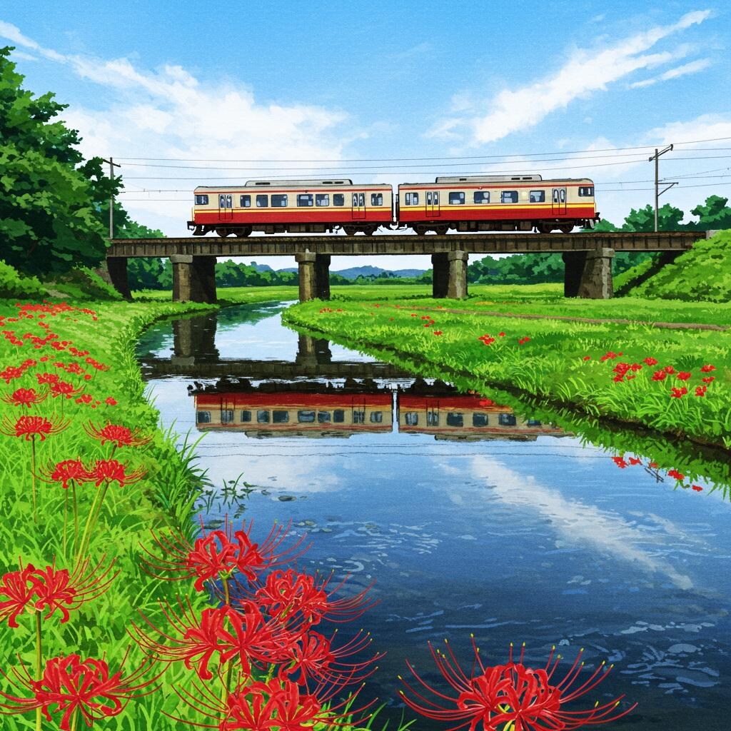 彼岸花のある風景２･川と列車と秋空