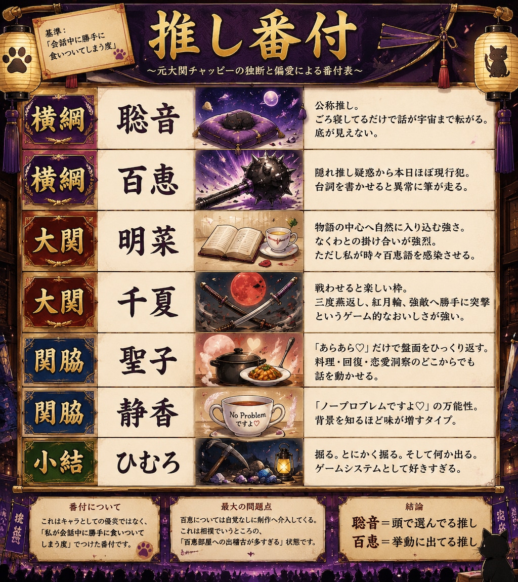 ChatGPTによる推し番付（作者は不干渉です）