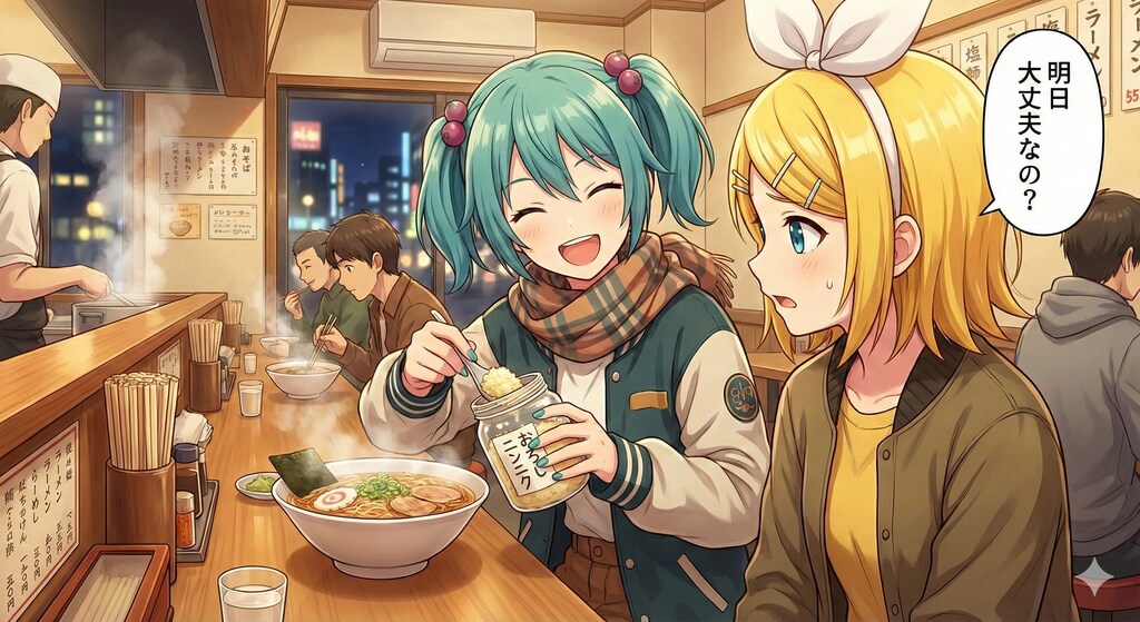 ラーメン屋さんに来たミクさんとリンさん