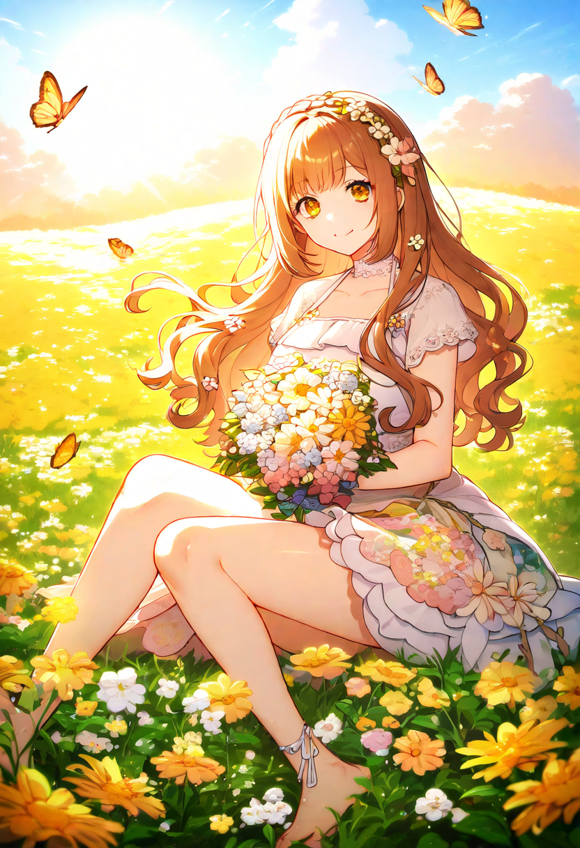 cute girl sitting in a field of blooming flowers