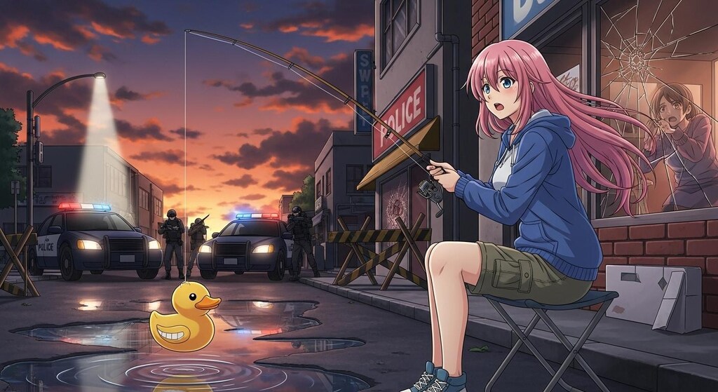 立てこもり事件の現場で釣り