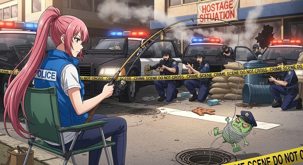 立てこもり事件の現場で釣り