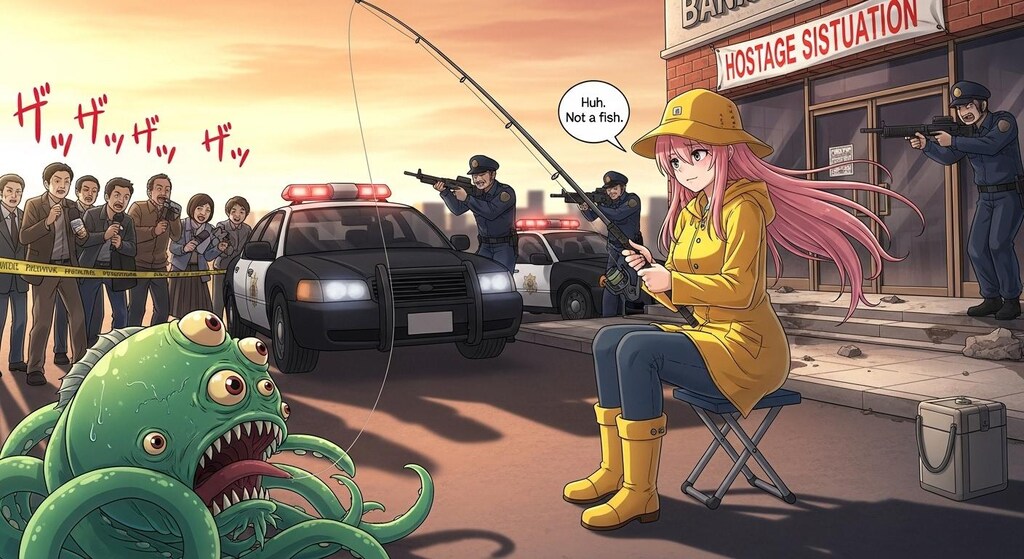 立てこもり事件の現場で釣り