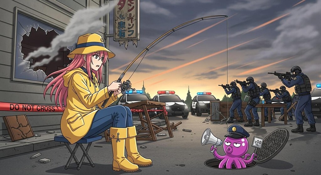 立てこもり事件の現場で釣り