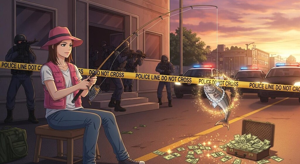 立てこもり事件の現場で釣り