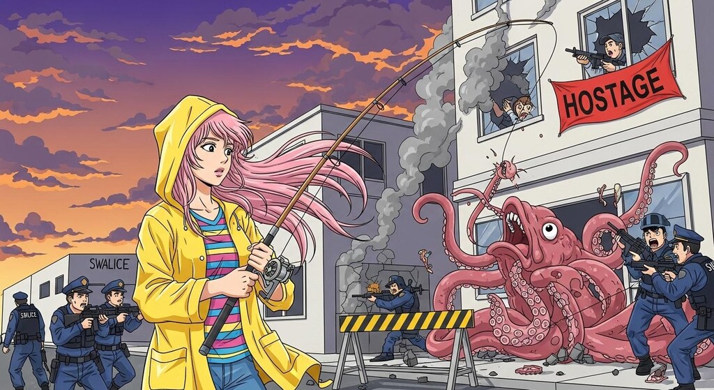 立てこもり事件の現場で釣り