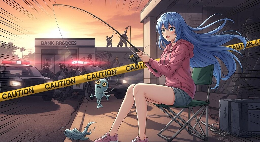 立てこもり事件の現場で釣り