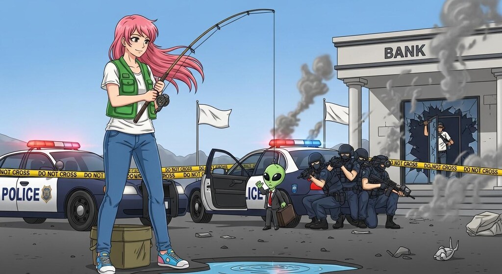 立てこもり事件の現場で釣り