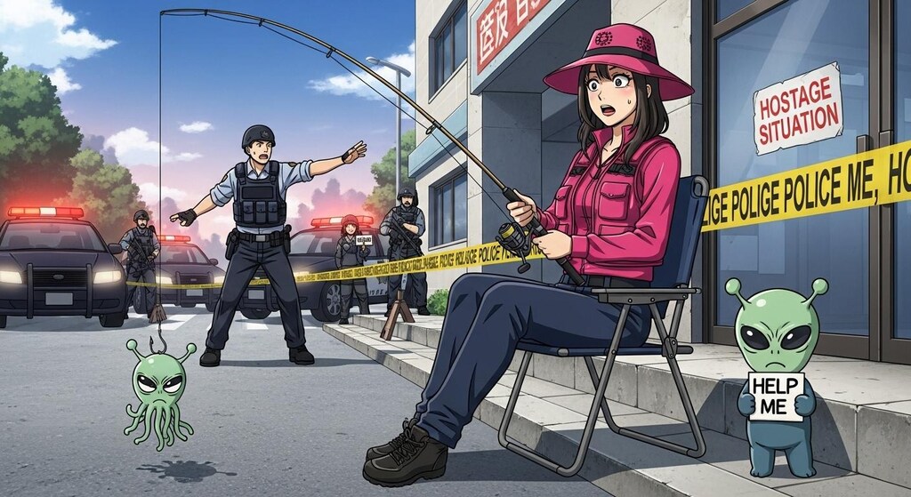 立てこもり事件の現場で釣り