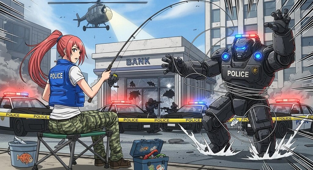 立てこもり事件の現場で釣り