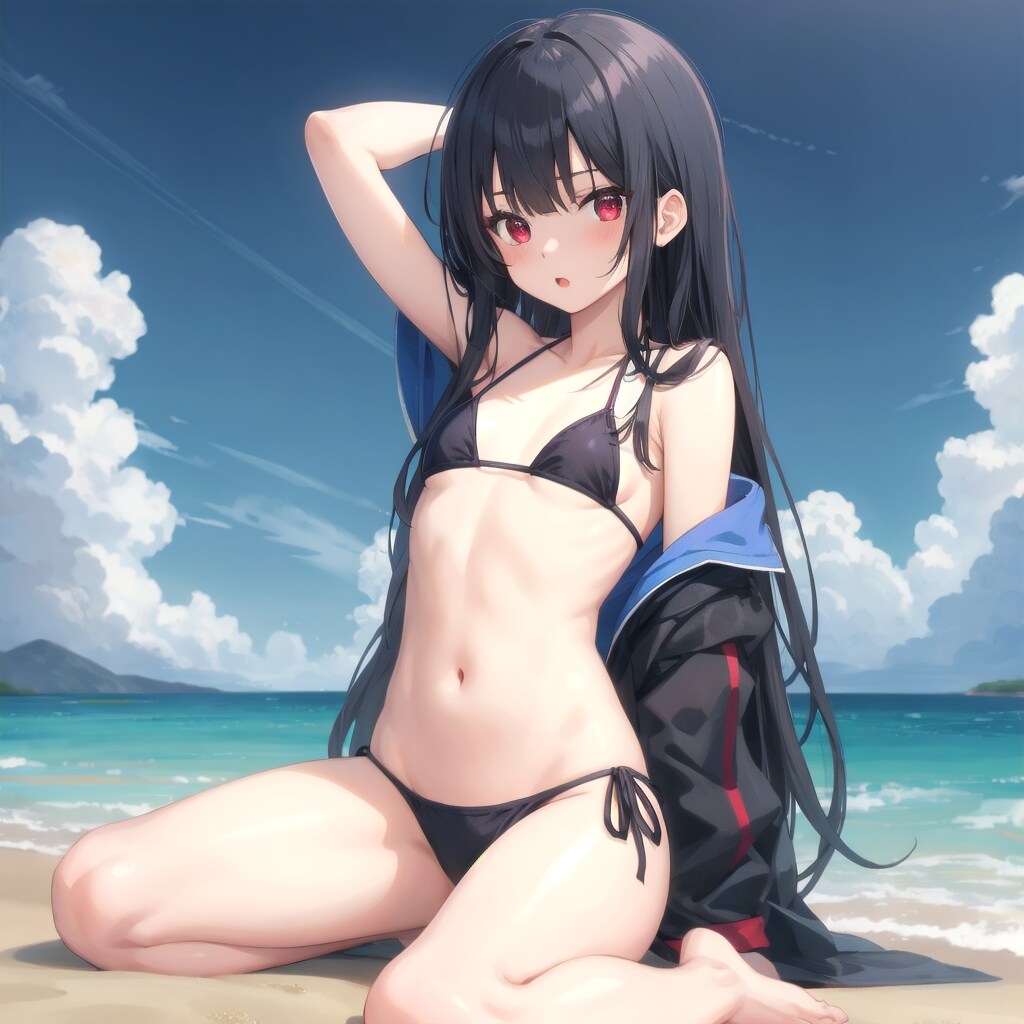 水着の黒髪少女