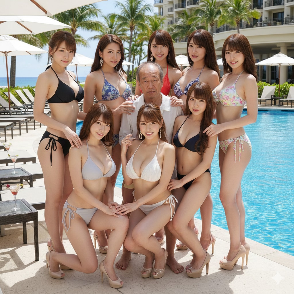 巨乳の水着美女を侍らかすエロオヤジ