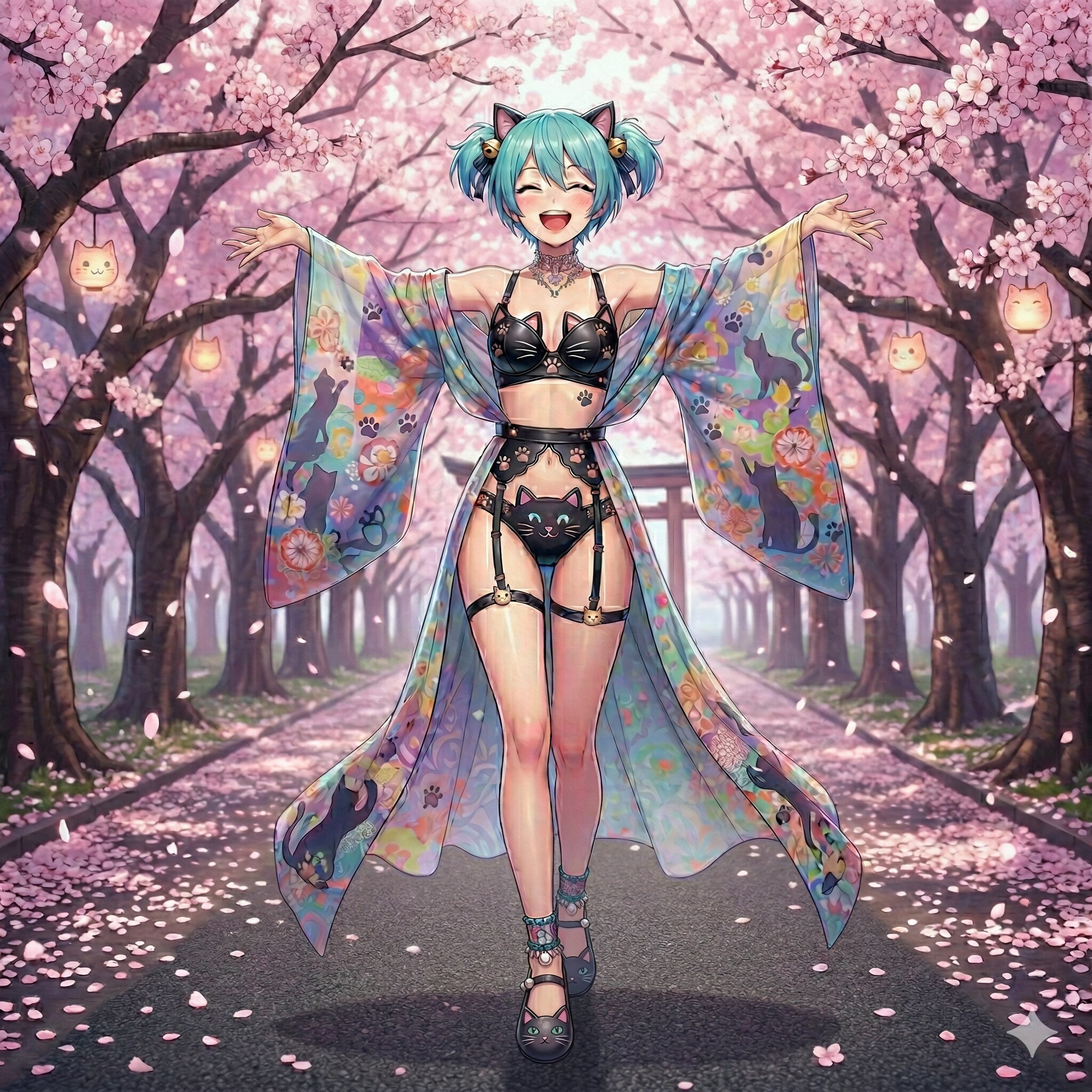 桜並木の猫耳ミクさん