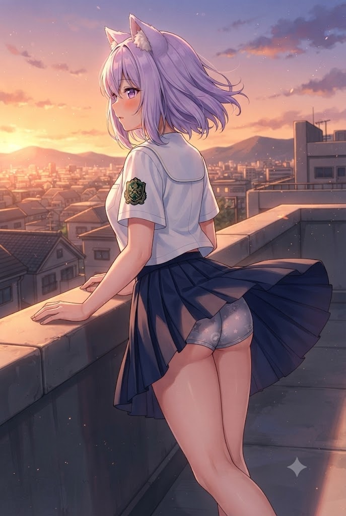 屋上で夕焼けの街並みを見つめるパンチラ制服のシス