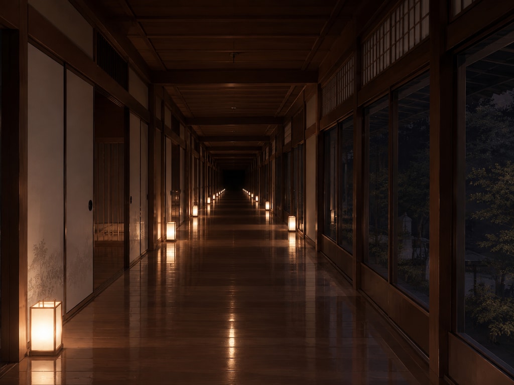 夜の和風の屋敷(？)。どこまでも続く廊下