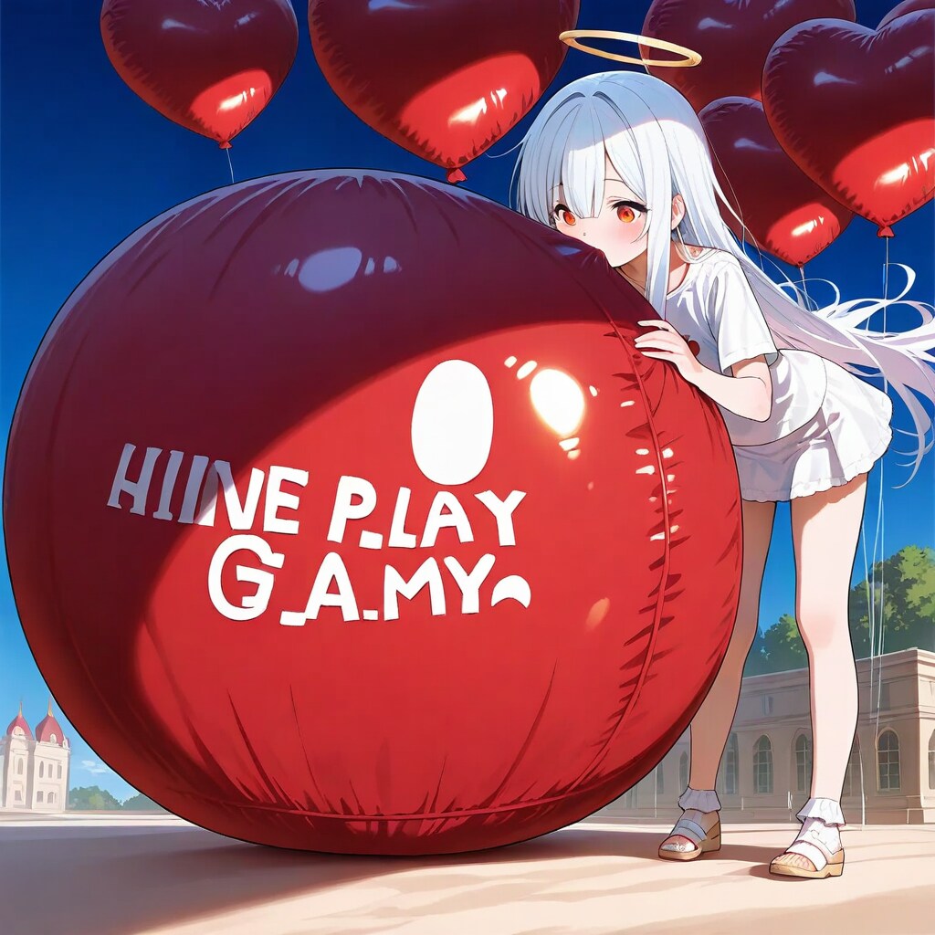 赤い巨大風船を膨らませて遊ぶ白い髪ロングの天使 | の人気AIイラスト・グラビア