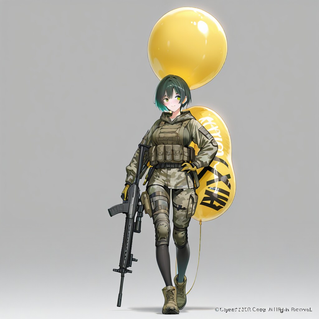 黄色の巨大風船を持つ緑髪ショートカットの迷彩服着た美女。 | の人気AIイラスト・グラビア