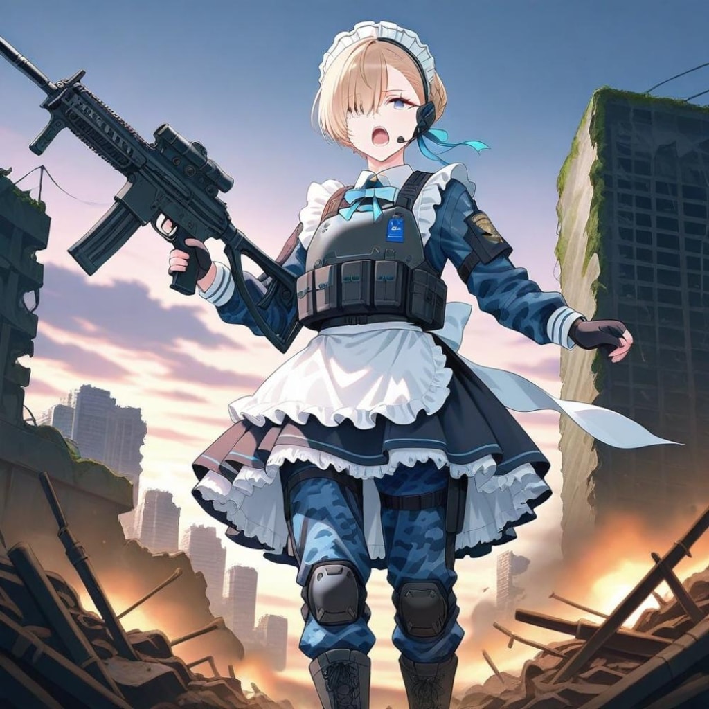 SF世紀末油絵アニメ風、武装メイドマーモット&メイドロボ