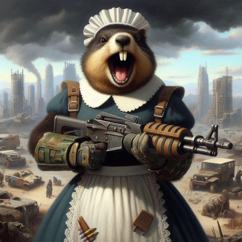 SF世紀末油絵アニメ風、武装メイドマーモット&メイドロボ