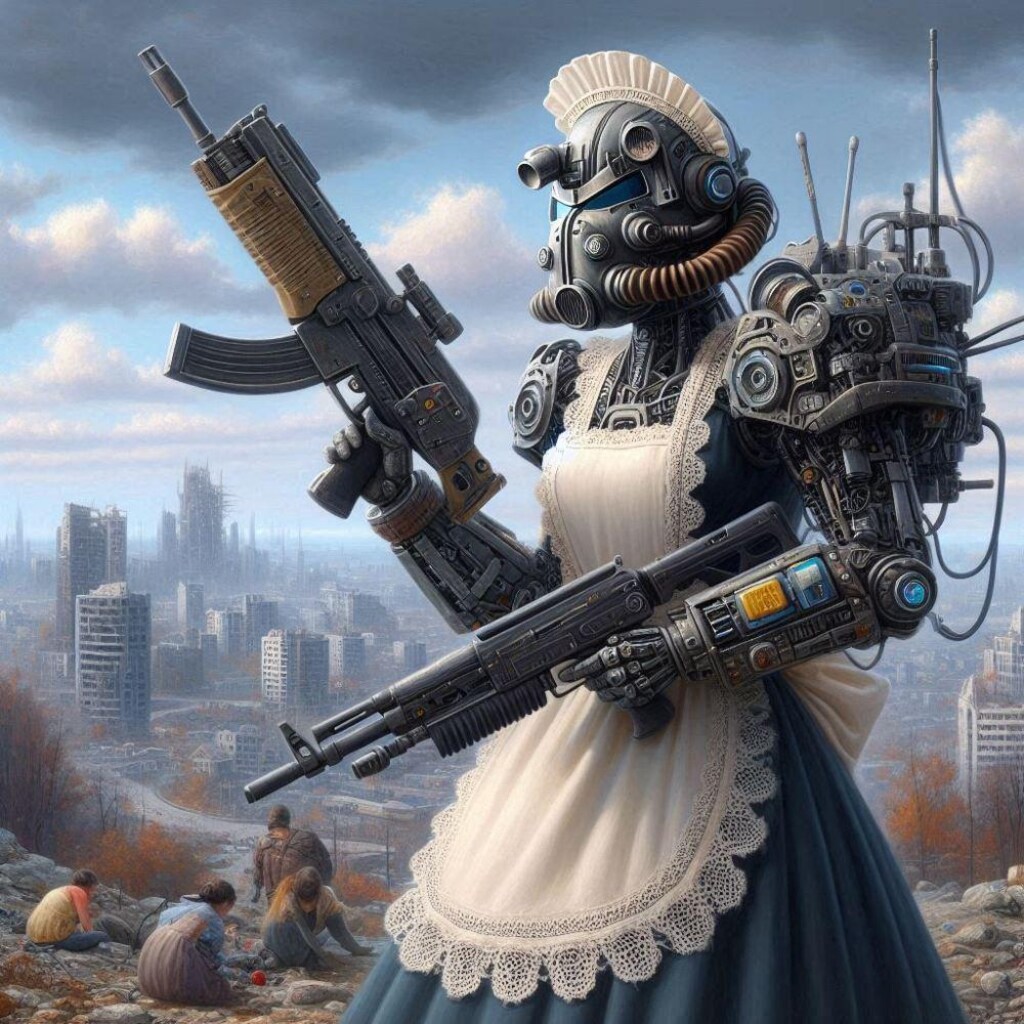 SF世紀末油絵アニメ風、武装メイドマーモット&メイドロボ